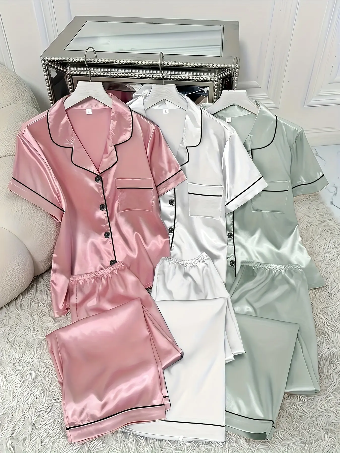 6pcs Set: Casual, Fashionable, and Comfortable Solid Color Satin/Charmeuse Short-Sleeve Shirt & Elastic Waist Long Pants Standard Size Short/Long Pajama Set