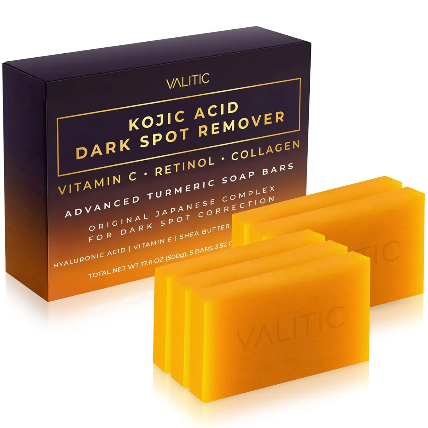 VALITIC Brightening Kojic Acid Mix Dark Spot Remover Soap Bars with Vitamin C, Retinol, Collagen, Turmeric - Original Japanese Complex, Hyaluronic Acid, Vitamin E, Shea Butter, Castile Olive Oil - 5-Piece Box
