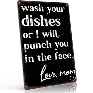 Wash Your Dishes or I'll Punch You Love Mom 12x8 Inch Aluminum Metal Sign - Funny Mom Kitchen Wall Decor for Home, Kitchen, Dorm, Family Room - Retro Tin Sign Gift for Mothers, Daughters, Sons and Kitchen Humor Lovers