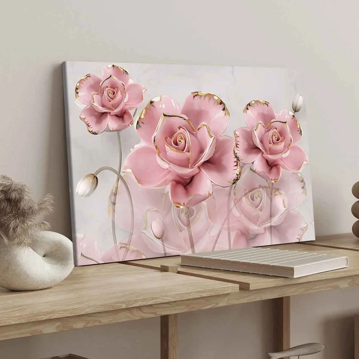 1Count Wooden Frame Canvas, Pink Gold Roses, Exquisite Poster, Fashion Bedroom Decoration, Modern Art Home Poster, Waterproof High Definition Printing, Ideal Gift, Wall Art Painting, Art, Home Decor Supplies, Indoor Decoration