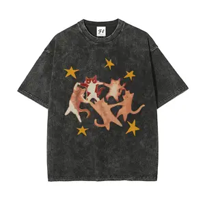 Unisex Starry Cats Illustration Art Pattern Washed Vintage T-Shirt - Cute Cartoon Cats T-Shirt ,Retro Streetwear Aesthetic Wash Cotton Shirt