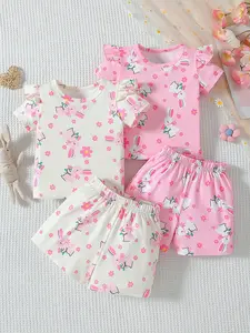 Girls' set: baby girl's spring and summer floral cute rabbit small flying sleeve round neck short-sleeved top comfortable shorts set pure color easy-matching cute style school gift Easter gift Valentine's Day gift baby girl's birthday gift Baby Clothing