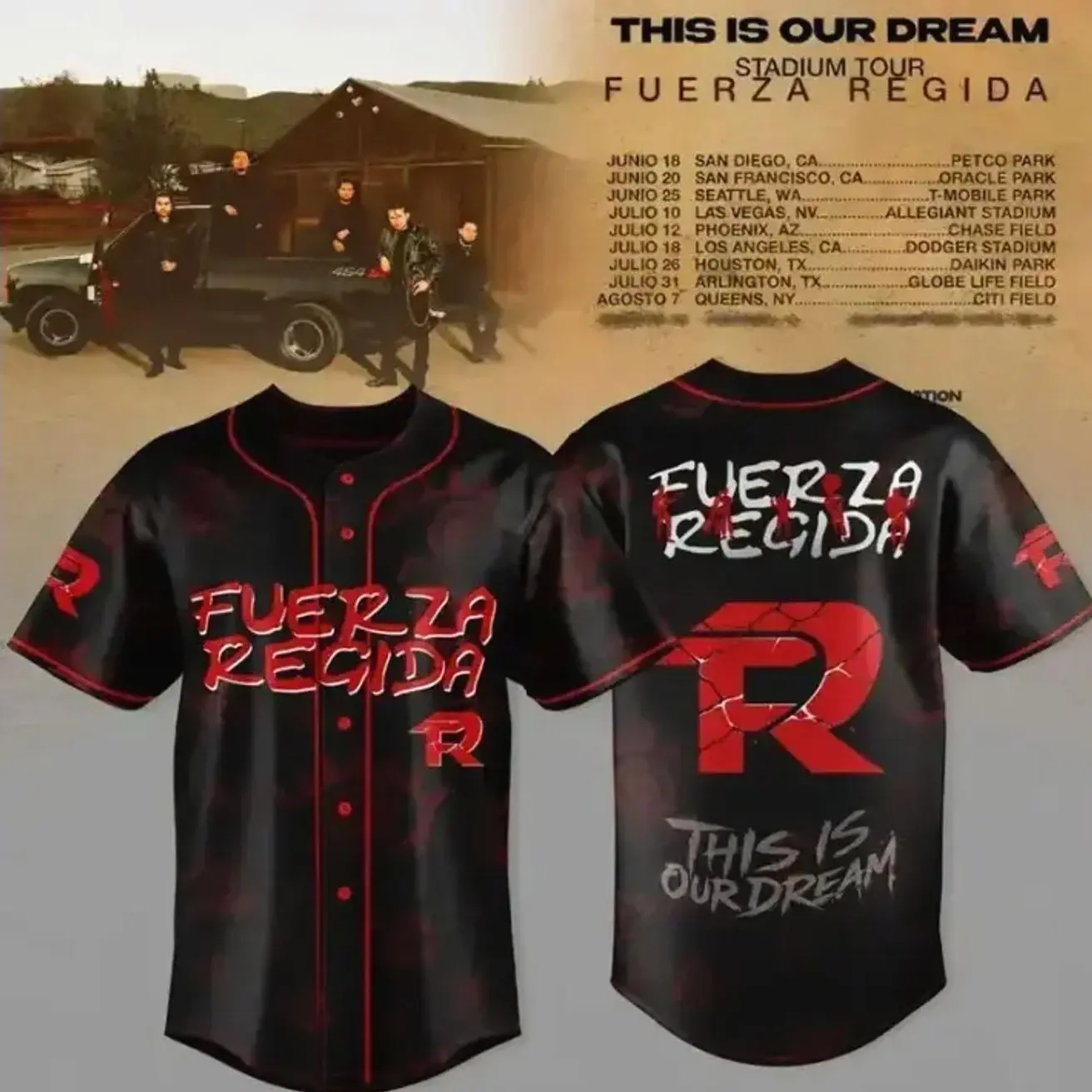 Fueerza Regida ‘This Is Our Dream’ 2026 Stadium Tour Official Baseball Jersey – Mexican Regional Concert Gear, Personalized Streetwear Fan Apparel