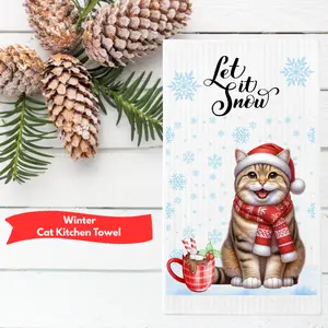 Winter Cat Kitchen Towel - Made-to-order