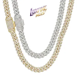 ①⓪LUXFINE MOIS 6mm Iced Out Moissanite Cuban Link Chain, 14K Gold/White Gold Plated Full Paved Hip Hop Necklace, Pass Diamond Tester for Men Women