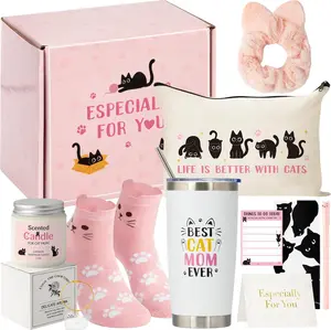 Xqumoi Cat Mom Gifts for Women - Cats Lover Gift Box for Mother's Day, Birthday, Christmas Cute Kitty Present Set for Crazy Cat's Lady Daughters Girls with Tumbler Makeup Bag Paw Socks Bookmark