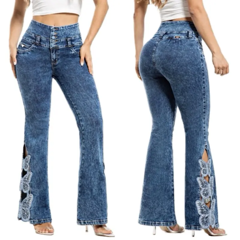 Women's Feminine Lady's High-Waist Fitted Denim Bottoms - W90-740 Colombian Jeans with Rhinestone Butterfly Flare Details