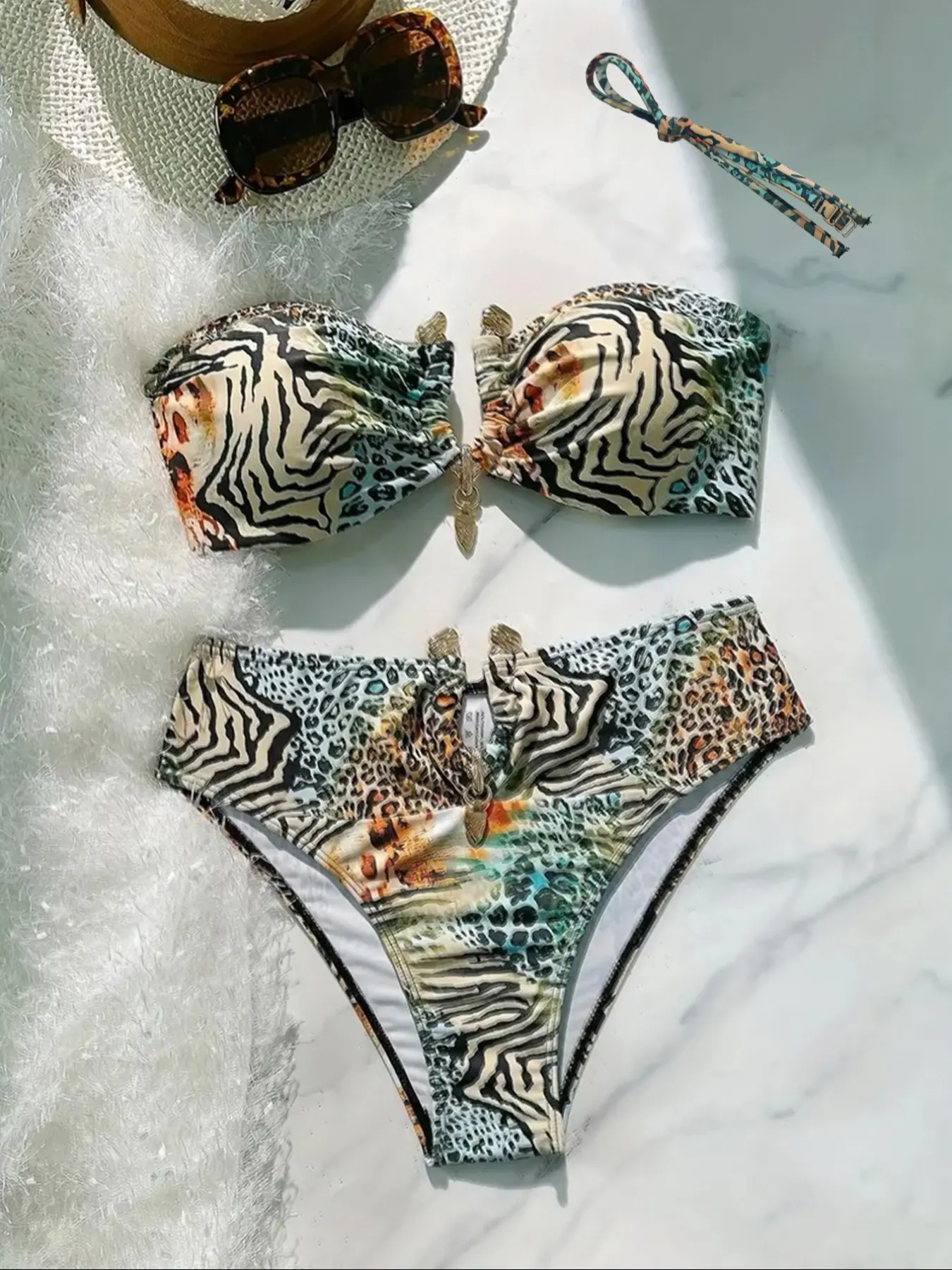 Women's Two-Piece Bikini Set, Zebra Leopard Print Patchwork, Detachable Halter Straps, Adjustable Strap Bikini, Swimsuit Style Bikini, Accessories, Perfect for Swimming & Vacation, Swimsuit for Beach, Bandeau Bikini Set