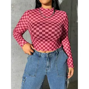Plus Checker Print Lettuce Trim Mock Neck Mesh Top, Summer
