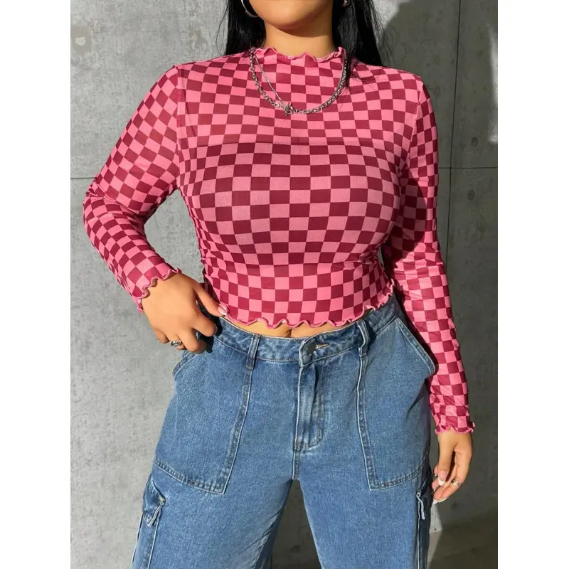 Plus Checker Print Lettuce Trim Mock Neck Mesh Top, Summer