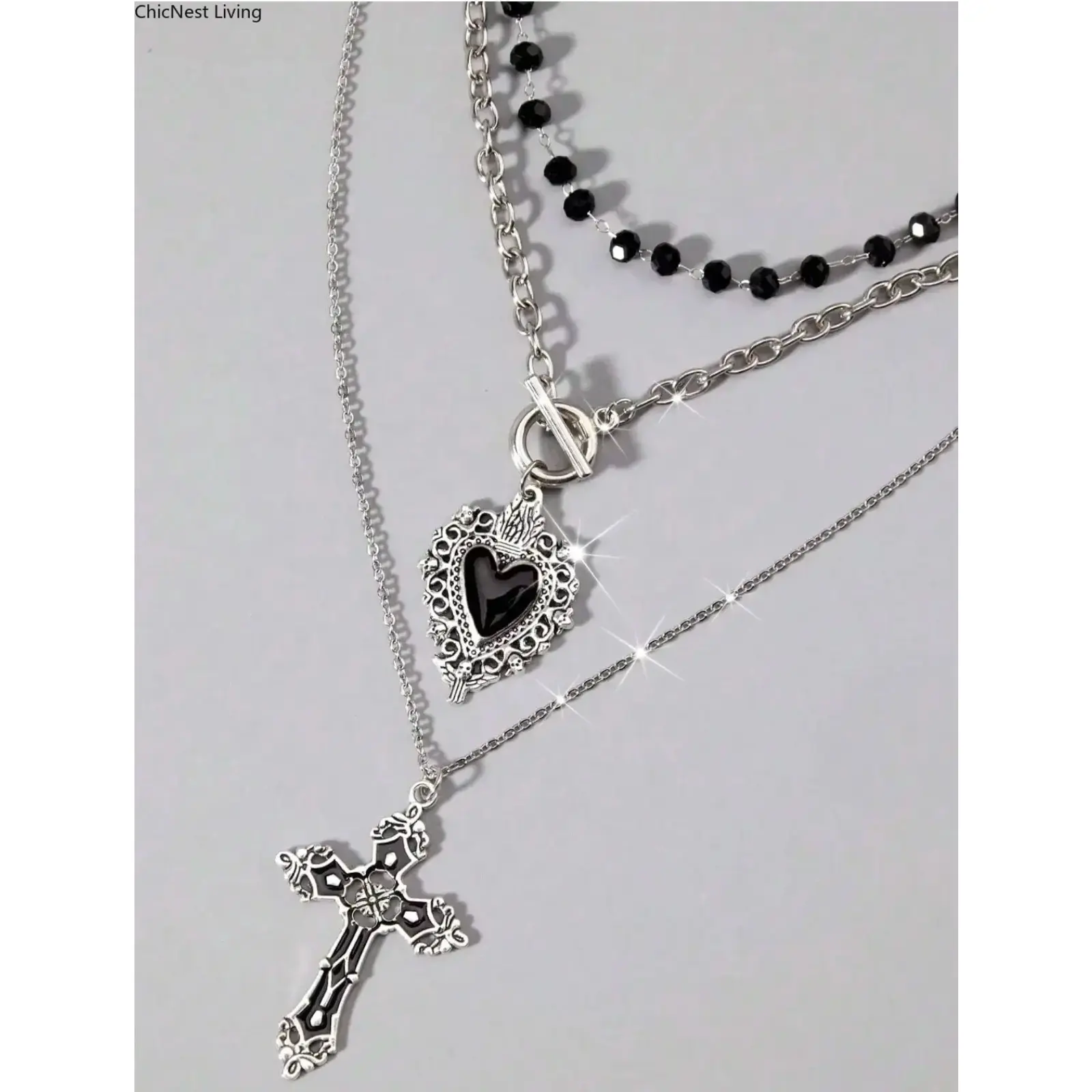 3pcs Vintage Gothic Style Beaded Black Heart OT Chain, Punk Rock Retro Sweet Goth Cross Necklace, Dark Gothic European & American Y2K Choker Necklace Design