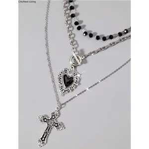 3pcs Vintage Gothic Style Beaded Black Heart OT Chain, Punk Rock Retro Sweet Goth Cross Necklace, Dark Gothic European & American Y2K Choker Necklace Design