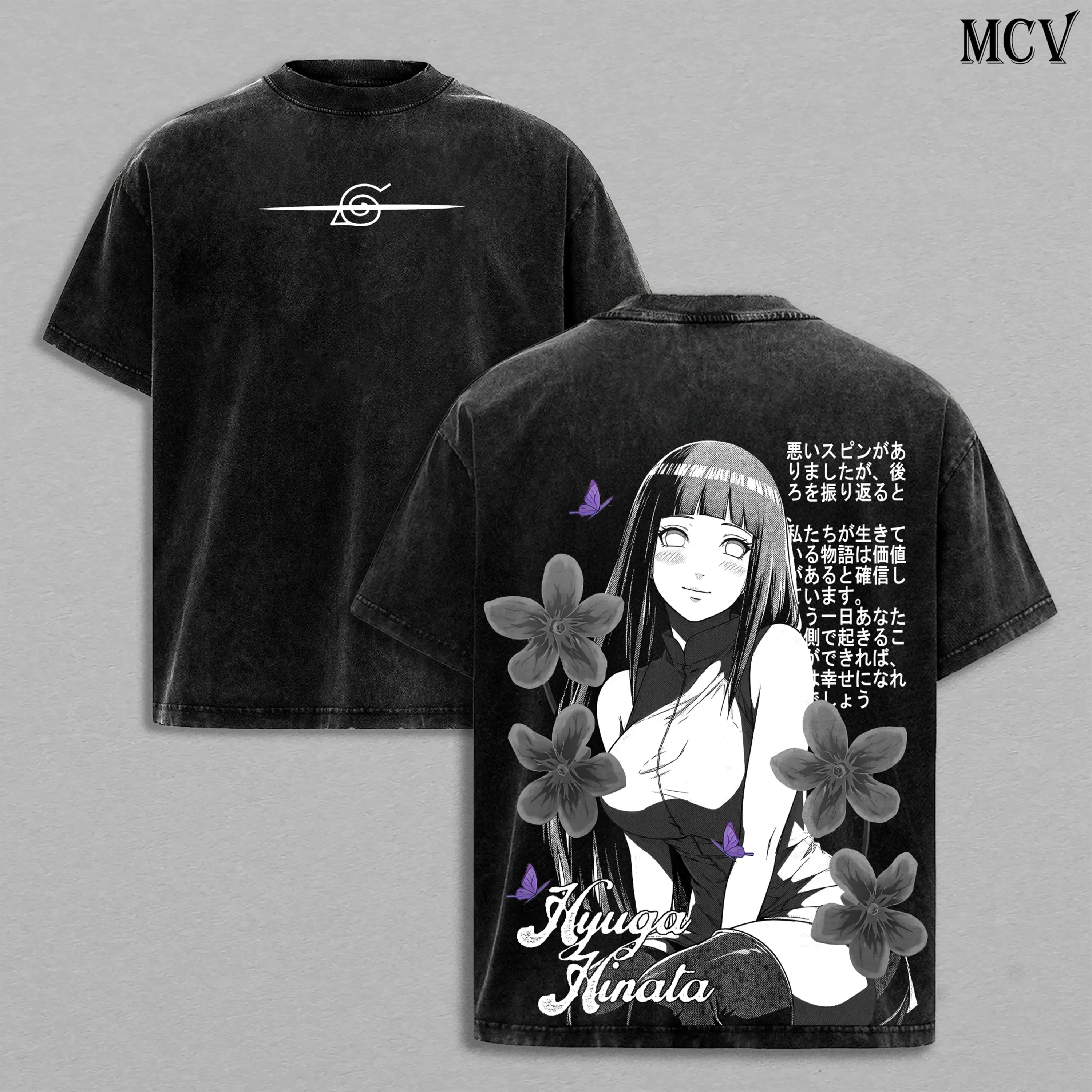 Vintage Washed Hinata Hyuga Graphic Tee - Naruto Anime Double Printed Oversized Streetwear T-Shirt, Heavyweight Cotton Unisex Y2K Top