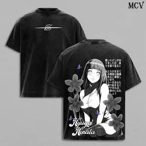 Vintage Washed Hinata Hyuga Graphic Tee - Naruto Anime Double Printed Oversized Streetwear T-Shirt, Heavyweight Cotton Unisex Y2K Top