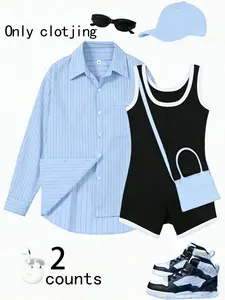 Ladies' 2-Piece Outfit: Light Blue Striped Shirt + Black Sleeveless Short Jumpsuit For Streetwear & Daily Wear