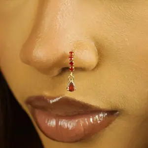 Red Dangle Diamond Nose Hoop in Surgical Steel 20 Gauge 8mm Hypoallergenic with Case and Pouch