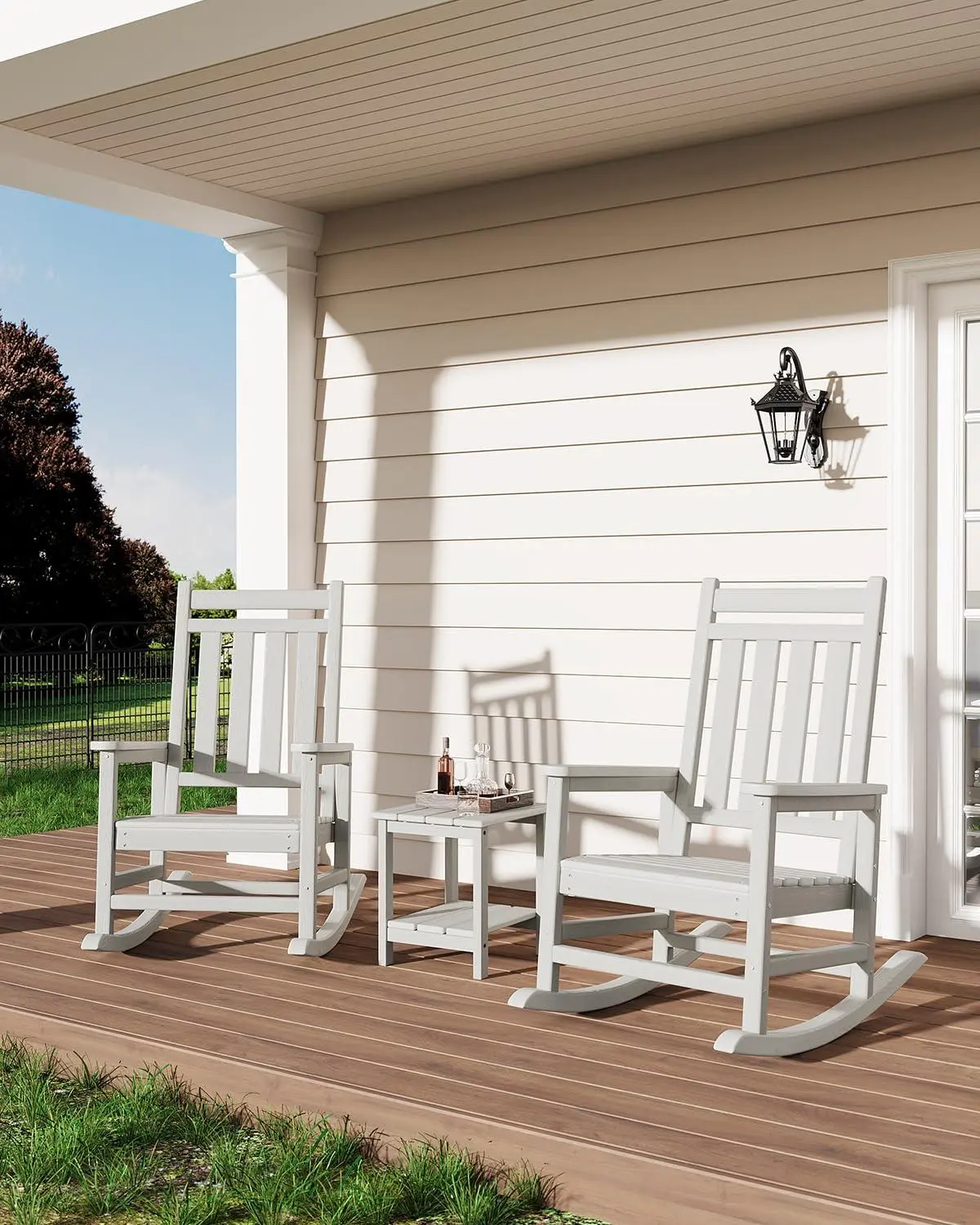 Gaomon HDPE Plastic Adirondack Outdoor Rocking Chair Set of 2 with Side Table - High Back Porch Rocker Chairs for Adults, All-Weather Resistant Patio Furniture, White, 380Lb Capacity, Adirondack Chair