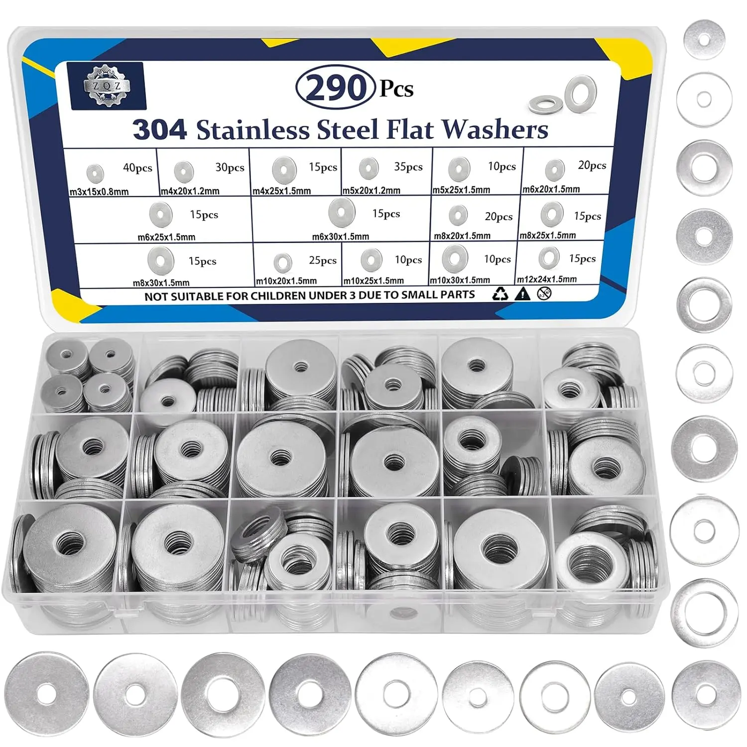 290PCS Flat Washers Assortment Kit, 304 Stainless Steel Fender Washers, 15 Sizes