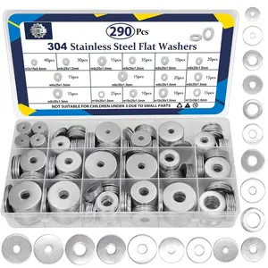 290PCS Flat Washers Assortment Kit, 304 Stainless Steel Fender Washers, 15 Sizes