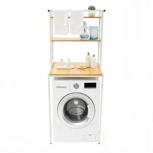 3-Tier Washer and Dryer Storage Rack with MDF Countertop & Iron Frame, Heavy Duty 22 lbs per Shelf, Adjustable Feet & X-Shaped Back Support for Laundry Room, Bathroom, Balcony