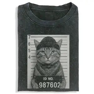 OUTLAW CAT Printed Design Unisex Vintage Crew Neck Regular Fit Cotton Fabric Casual Comfort Breathable Short Sleeve Funny T-shirts Fashion Men&Women's Top for Daily Wear 120904