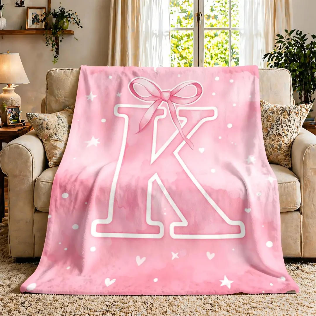Personalized Letter A - Z Throw Blanket, Pink Bow Flannel Blanket, Soft Cozy Warm Throw, Watercolor Star Heart Design, Custom Gift for Her Girlfriend Daughter, Cute Girly Bedroom Couch Decor ﻿ holiday monthersda