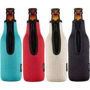 Beer Bottle Sleeve Insulators 12oz 330ml Standard Zip-up Non-slip Thick Neoprene Beer Bottle Cooler Covers 4PC Pack (Black/Red/Blue/Grey)