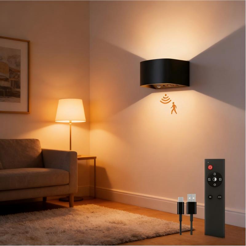 Black 2-Pack Indoor Wall Sconce – Wireless Motion Sensor Light with Remote, 3 Color Options, 5000mAh Rechargeable Battery, Brightness Dimmable