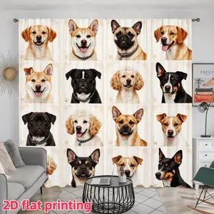 2D Flat 2Pcs dog head print curtain, cartoon pet animal themed, rod pocket, semi sunshade, anti privacy, for home living room, bedroom, balcony, kitchen, study, window decoration.