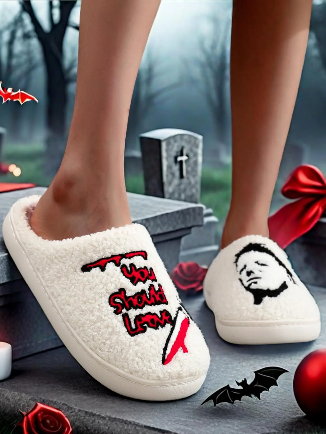 Creative Letters Pattern Slippers for Women for Gift, Casual Soft Comfortable House Slippers, Warm Slippers for Indoor & Outdoor Use for Halloween Par