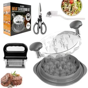 Chicken Shredder Tool Twist Large bundle with 48 Sharp Needle blade Meat Tenderizer, Kitchen Scissors, Brush (4 Items) - Heavy Duty Stainless Steel, Ergonomic, Anti-Slip, Dishwasher Safe & BPA Free