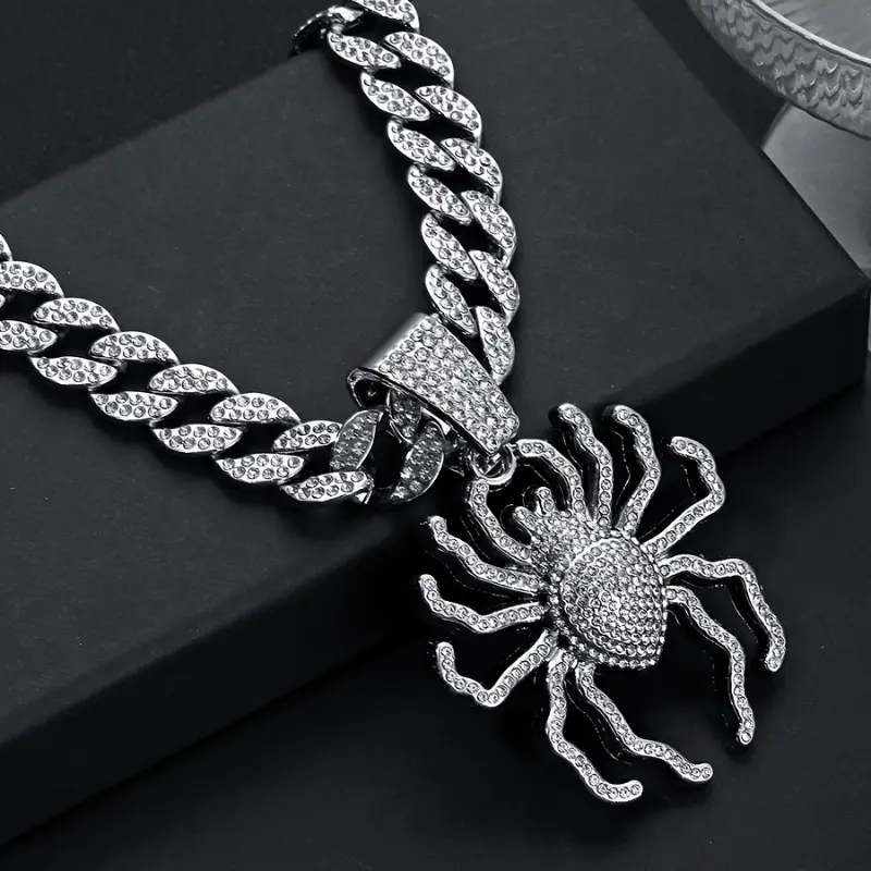 Male Punk Look Cuban Link Design Necklace, Large Rhinestone Spider Motif Pendant on Heavy Zinc Alloy Chain, Men's Costume Jewelry, Metal Chain Necklace, Rhinestones, Chain & Link