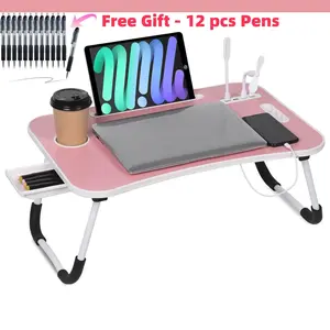 Oversized Portable Laptop Bed Desk, Foldable Laptop Table, Durable Lap Desk Tray Table with Cup Holder Drawer 4 USB Ports Fan and Light, for Bed/Couch Working Reading Writing (Free Gift - 12pcs Red Pens)