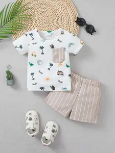 Cute Baby Boy Striped Shorts Coconut Tree Sun Car Print Patchwork T-Shirt Short Sleeve 2 Piece Set, Casual Fitted Style