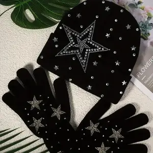 Autumn Winter Knitted Hat And Gloves with Embellished Rhinestones Acrylic Material Warm Fashionable Two-piece Ensemble