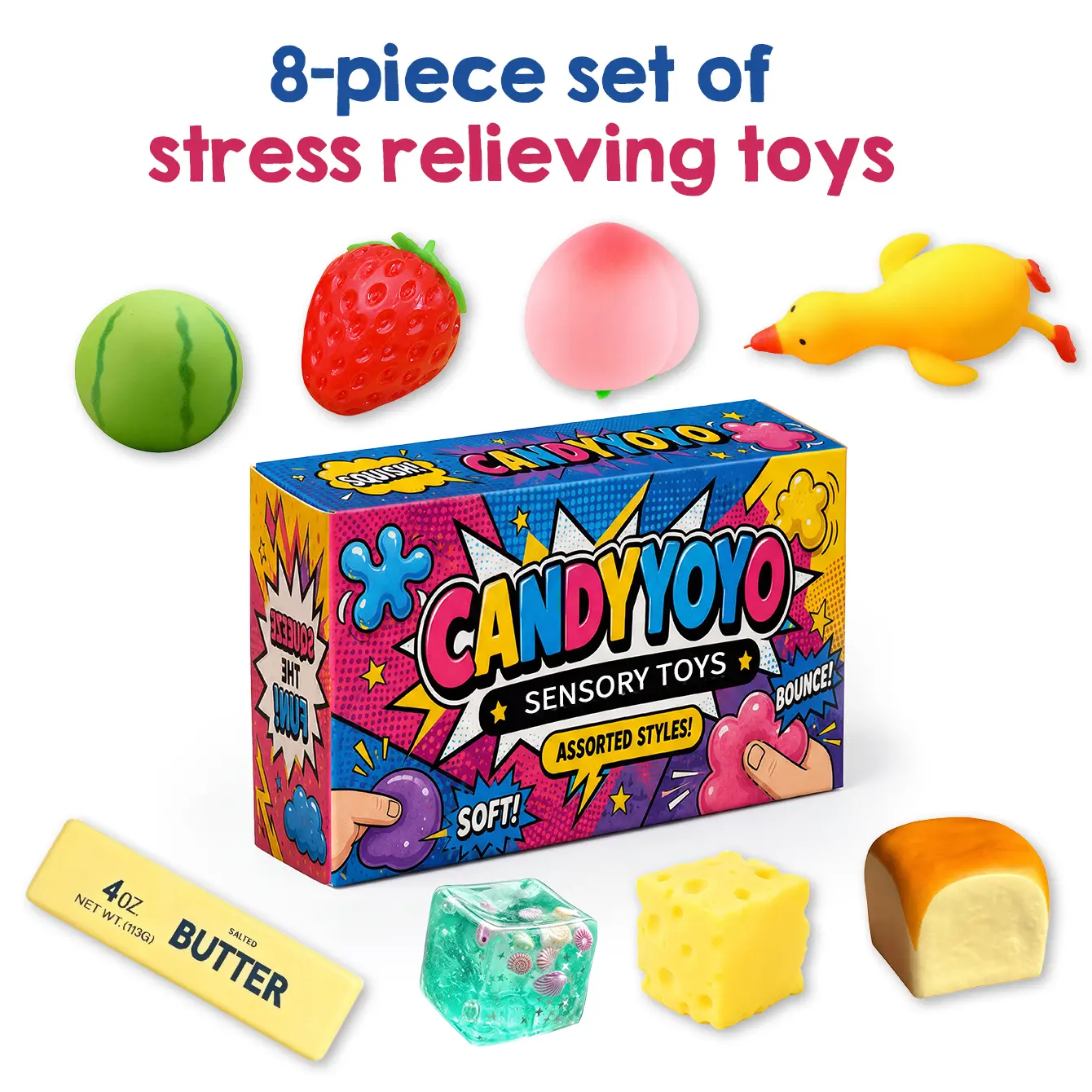 8 Pack Assorted Shape Sensory Squishy Toy Set CANDYYOYO Comic Gift Box Mixed Fruit Food Animal Fidget Squeeze Toys for School Office Stress Release Birthday Party Favor Gift
