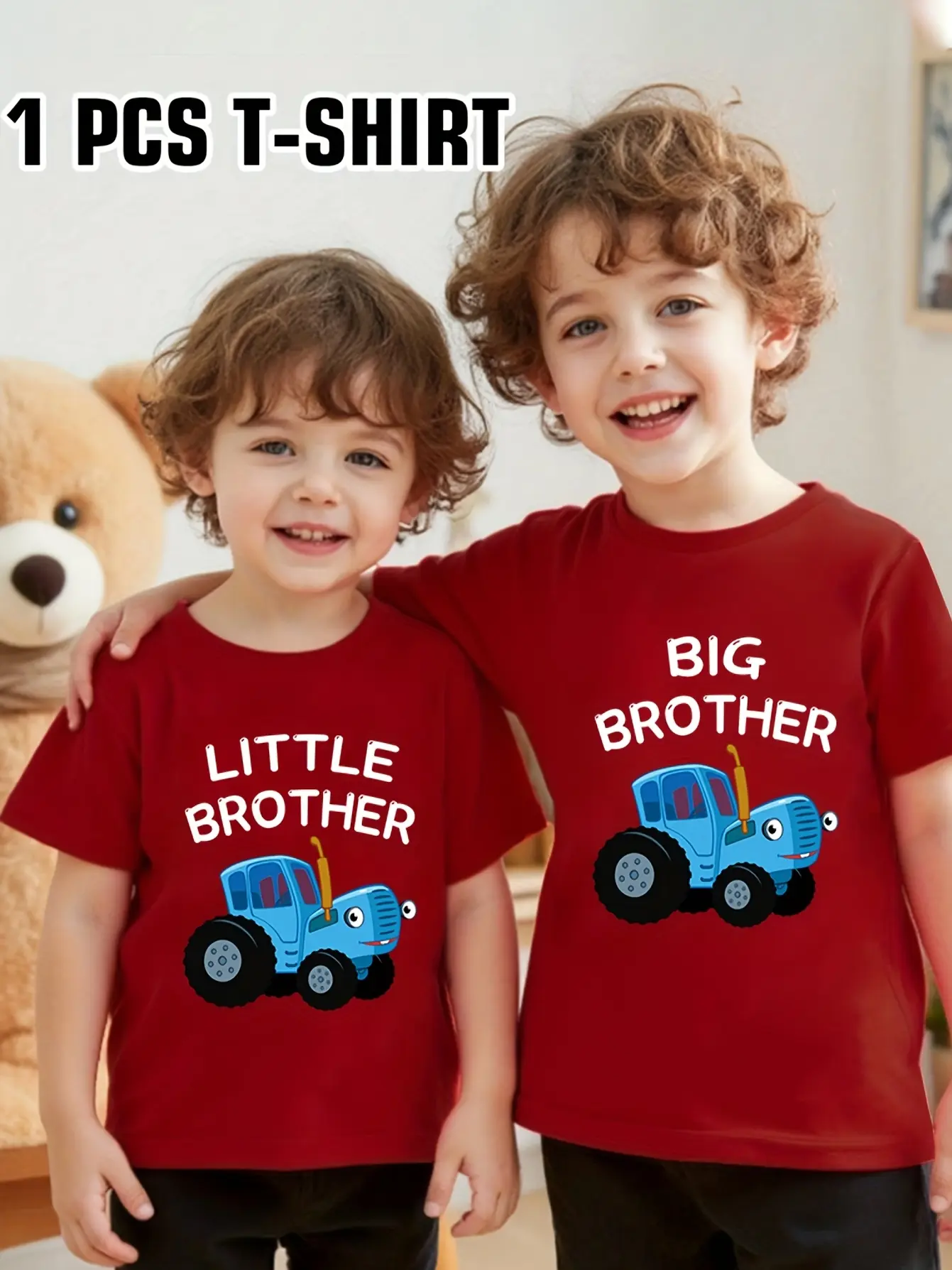 Boys' Soft Cotton Tractor T-Shirt Set - Big Brother-Little Brother Matching Sibling Tops, Versatile, Cute Cartoon Style Fitted Tees with Car-Themed Graphics