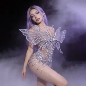 Women's Luxury 3D Big Butterfly Wing Sheer Mesh Jumpsuit - Heavy Silver Rhinestone Crystal Handmade Fashion Garment, Halloween Party Carnival Stage Costume