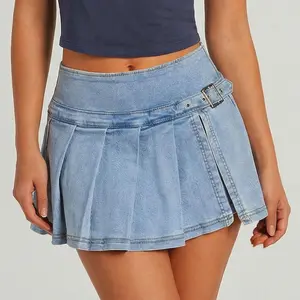 EMMIOL Denim Mini Skirt for Women - Mid-Low Waisted Stretch Side Zipper Skort Y2k Casual Jean Skirts with Shorts Underneath