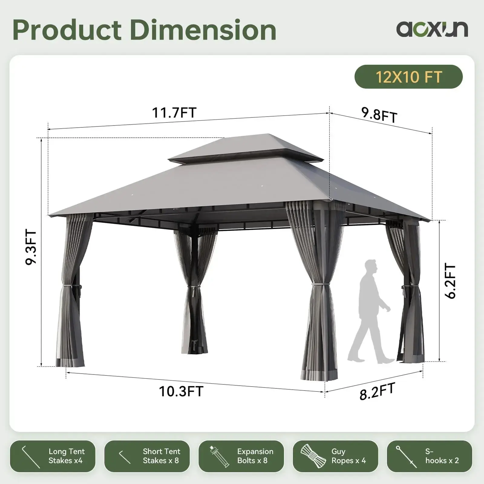 10X12 FT Aoxun Outdoor Gazebo, Heavy Duty Metal Frame Double Roof Canopy Tent with Mosquito Netting , Patio Backyard Lawn Garden Deck Party Shelter, Khaki,Summerwins,Outdoorfurnitureset