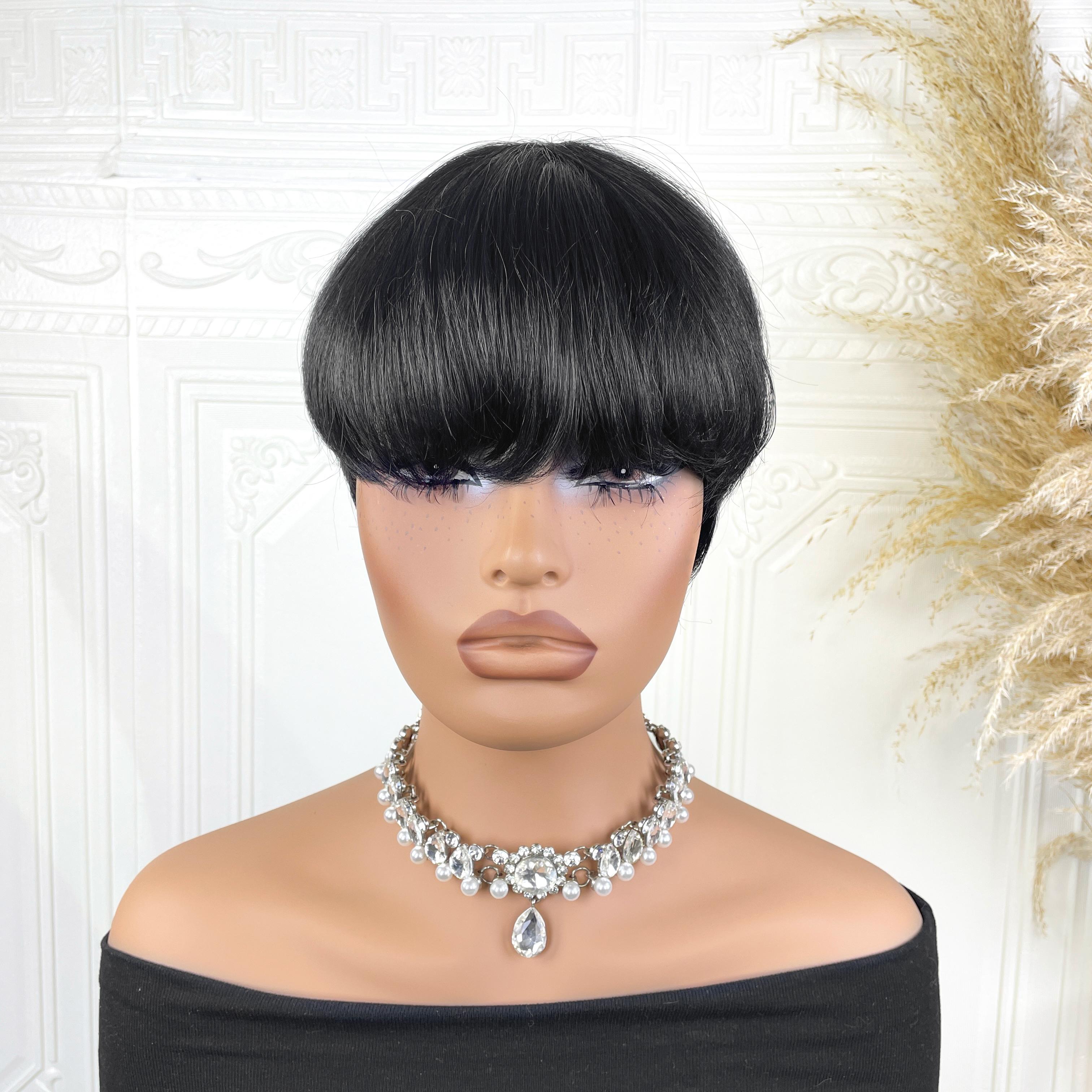 OPQHAIR Natural Black  Straight Hair Women' Glueless Short Pixie Wig Human Hair Bob with Bangs Suitable for Summer, Music Festivals, Parties