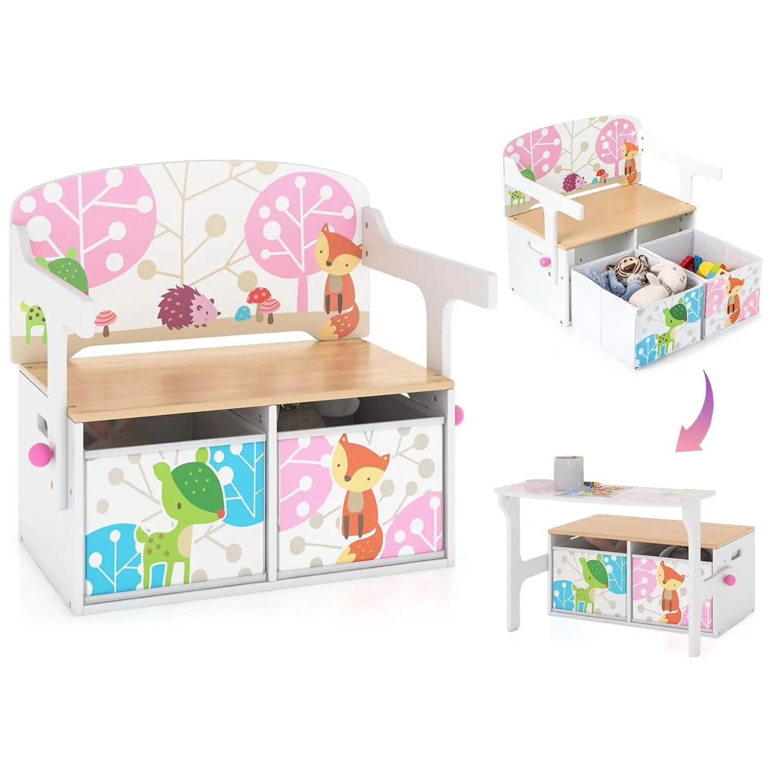 Costzon 3-in-1 Ergonomic Wooden Toy Storage Bench - Kids Furniture Set with Handle, 2 Bins, Activity Benches & Storage Table-Chair for Playroom, Daycare, Activity With Benches And Storage Table & Chair Sets ti