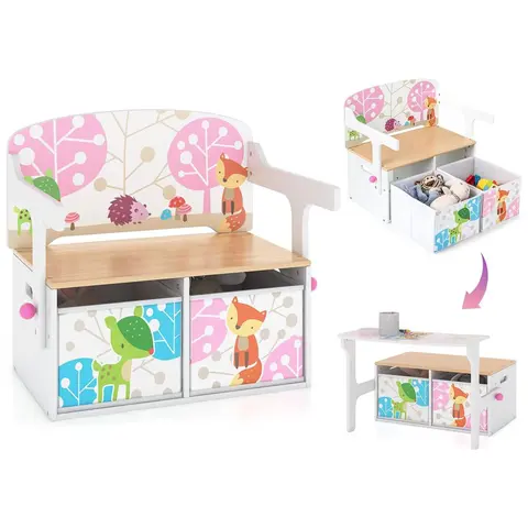 Costzon 3-in-1 Ergonomic Wooden Toy Storage Bench - Kids Furniture Set with Handle, 2 Bins, Activity Benches & Storage Table-Chair for Playroom, Daycare, Activity With Benches And Storage Table & Chair Sets   ti