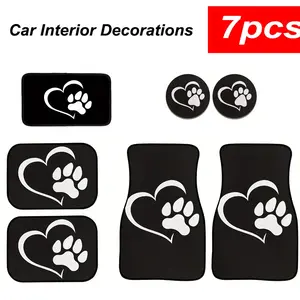 7pcs Dog Paw Print Universal Car Armrest Mat, Car Floor Mats, Interior Accessories, Car Coasters, Car Suv Trucks Decorations, Car Mat Set