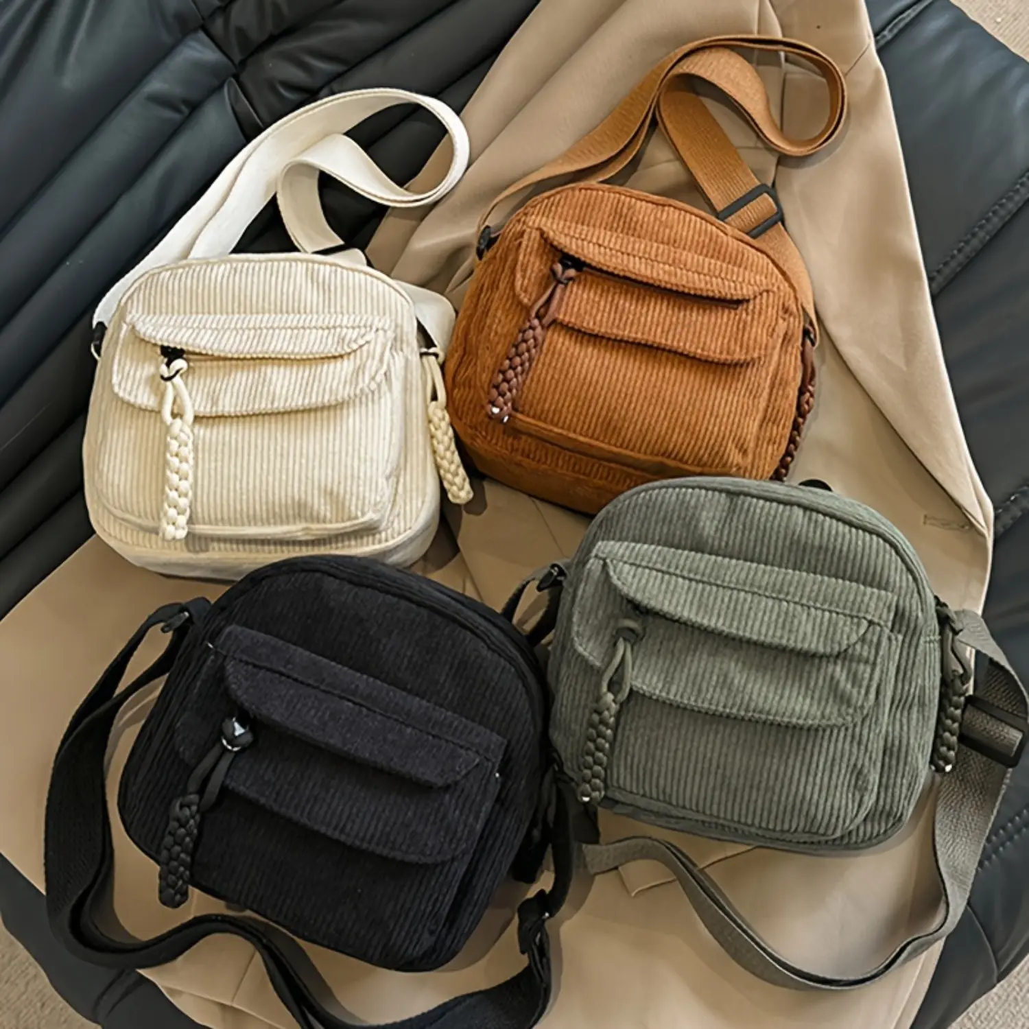 Vintage Harajuku Corduroy Crossbody Bag - Unisex Casual Japanese Style Shoulder Handbag with Zipper Closure, Striped Pattern (Black, White, Green, Light Brown)