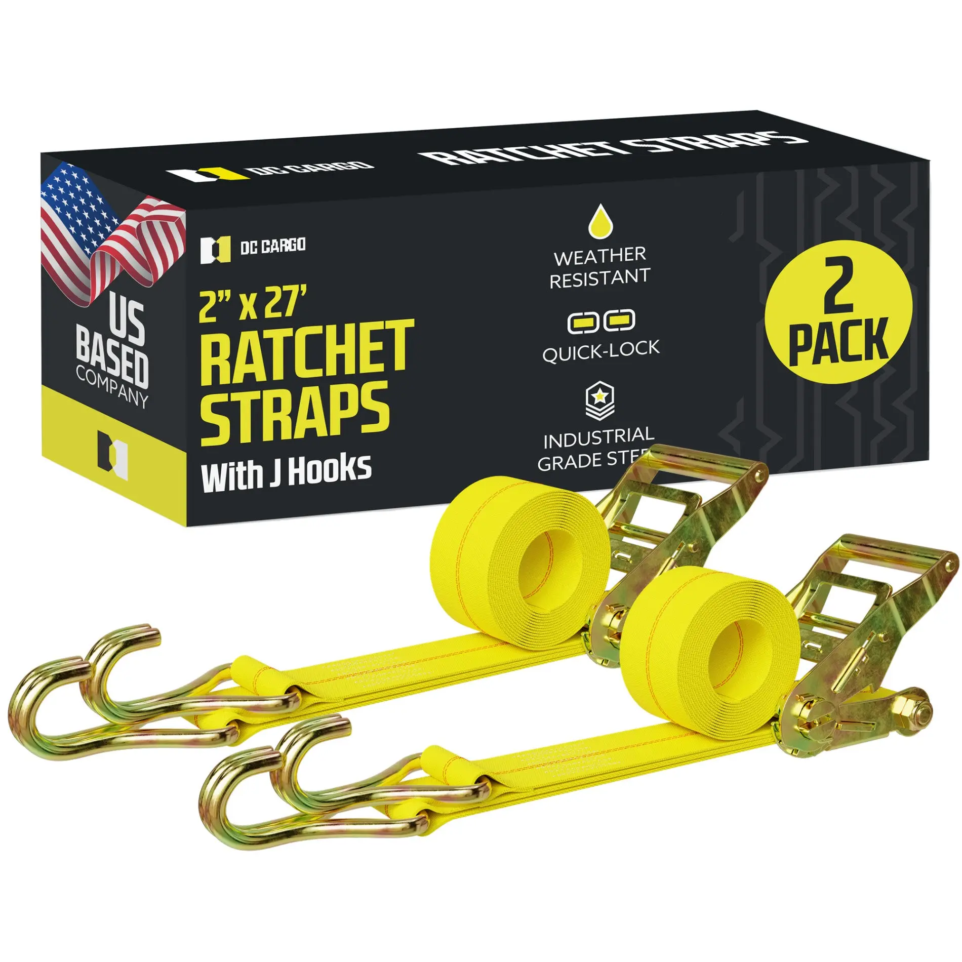2" X 27' Ratcheting Tie-down Cargo Strap With Wire Double J-hooks - 2 Pack