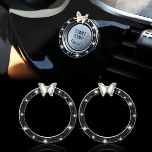 TOMALL Bling Car Engine Start Button Cover Butterfly 2pcs Diamond Interior Crystal Push Start Stop Button Ring Sparkly Engine Ignition Ring Cap Rhinestone Emblem Decoration Universal for Car (M Black) Sticker Decals