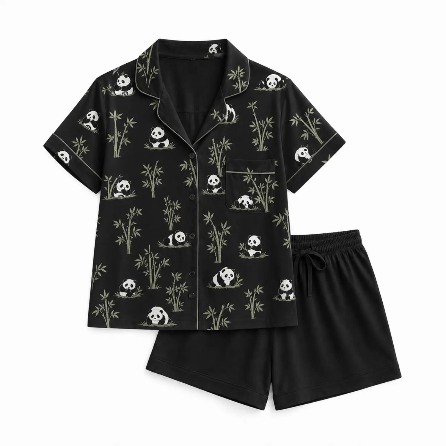 Black Panda Print Short Sleeve Pajama Set with Button Front and Pocket - Comfortable Lounge Shorts for Relaxed Sleep