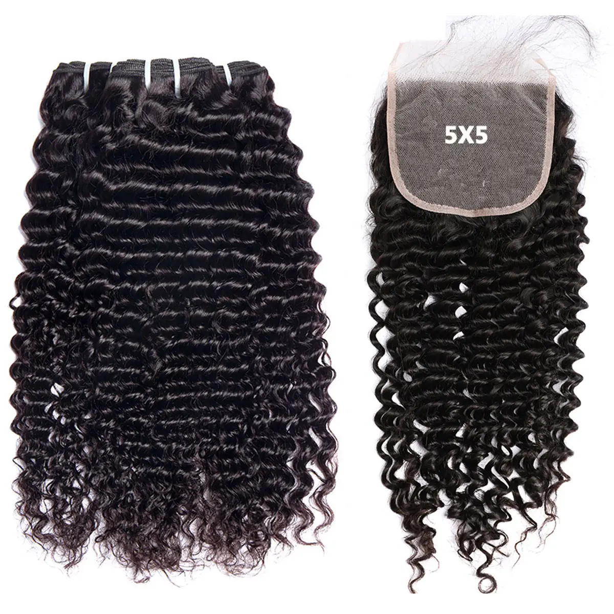 Bele Hair 5X5 Lace Closure With Bundles Brazilian Deep Curly Hair Bundles With 5x5 Transparent Lace Closure Deep Weave Human Hair Bundles With Lacel Closure 3&4 Bundles With 1 Closure Wholesale Price Human Curly Hair Extensions Natural Black Color