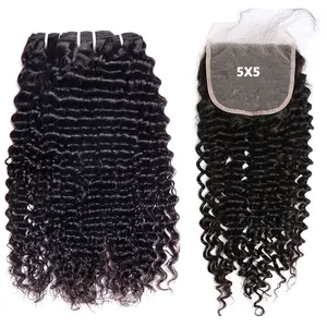 Bele Hair 5X5 Lace Closure With Bundles Brazilian Deep Curly Hair Bundles With 5x5 Transparent Lace Closure Deep Weave Human Hair Bundles With Lacel Closure 3&4 Bundles With 1 Closure Wholesale Price Human Curly Hair Extensions Natural Black Color